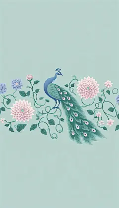 在坚实的薄荷绿色背景上淡蓝色、绿色和紫色的孔雀壁纸图案。壁纸上应该有最小的葡萄树和柔和的粉红色大丽花交织在一起。图像应简单且具有开放空间。