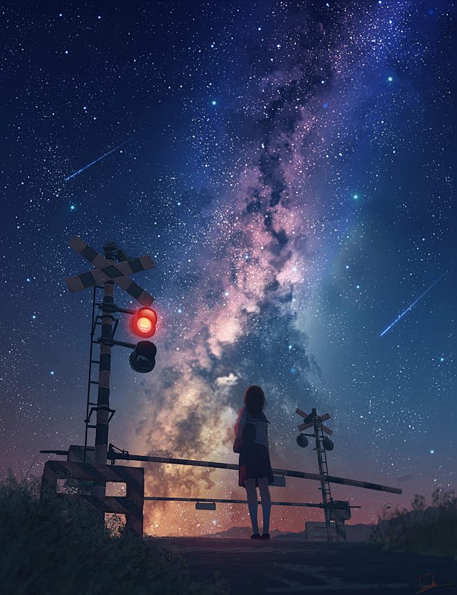 动漫1844 x2400银河情感夜空交通...