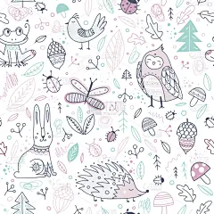 可爱的,森林,四方连续纹样,动物主题,天气,纺织品,壁纸,鸟类,兔子,橡树果