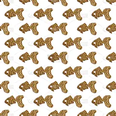 金鱼纹路无缝。手绘闪闪发光的大海背景。抽象海洋辉光金色纹理。