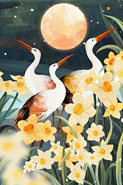 经典古风唯美花鸟手绘插画