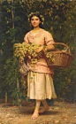 《采摘啤酒花》  查尔斯·爱德华·佩鲁吉尼
这幅绘画作品,描述述的是一个年轻姑娘在葎草种植园内采摘啤酒花,画中女子朴实、娴静、美丽大方,观者从中得到对美好最简单的诠释。