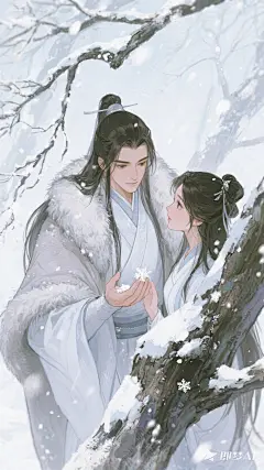 jimeng-2025-09-10-1692-cg动漫伪厚涂人物插画，质感。粗糙笔触，水粉质感。冬日，雾凇，披风，武侠，毛绒披