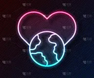 发光的霓虹灯线心世界-爱的图标孤立在黑色的背景。向量