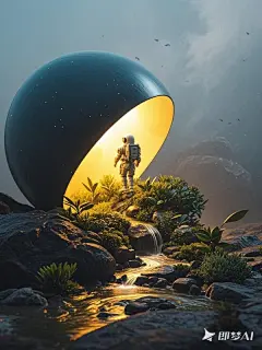 创意宇航员进入虚拟圆形立体空间场景摄影海报-即梦ai关键词描述咒语-Ai宇宙吧-