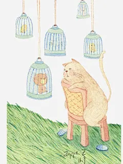 插画高清素材 可爱 小猫 彩色 装饰 鸟笼 免抠png 设计图片 免费下载