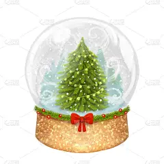 一个雪白的玻璃球的插图。手绘图。松树林，圣诞树，雪花。装饰用云杉树枝和一个红色的蝴蝶结。