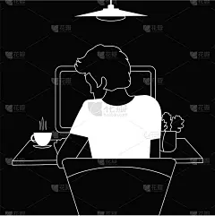 年轻的现代人在家里或办公室用笔记本电脑工作。黑白矢量在简单的风格或手绘。技工人物扁平插图。