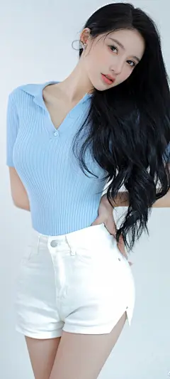 蓝色毛衣 白色短裤 气质 美女 手机 壁纸