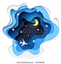 Abstract of little paper plane flying through cloud to sky at night, paper art concept and tourism idea, vector art and illustration.