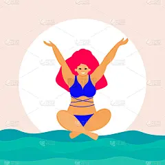 卡通女士在泳衣卡模板。夏季女孩时尚寻找设计的派对卡，销售广告，温泉度假村海报，t恤或包印花等。