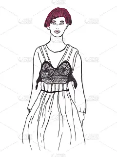 时尚t台手绘马克笔海报。女人与一个短发型和花边化装服装艺术插图。
