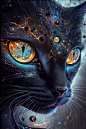 The black cat of the apocalypse with colored galaxy eyes, galaxy, stars, universe, Vibrant opal pearlescent