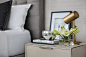 Master Bedroom details at this Center City West Residence in Philadelphia. A neutral schematic, rich with shagreen-wrapped nightstands, silk wallcoverings and deep charcoal velvet and soft linens to dress the bed. Timeless, urban elegance. Interior Design