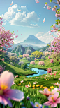a colorful background image of a grassy field with flowers and a river, in the style of ray caesar, rendered in cinema4d, mountainous vistas, cherry blossoms, vincent callebaut, cute cartoonish designs, uhd image