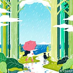 插画师Hee-Jung Lee的一组风景主题插画，用明亮清透的蓝色和绿色主调色彩去绘制关于夏季里的风光，将自己旅行过的地方记录下来，喜欢作者的配色和构图~清新中绽放着美好的氛围！#插画分享# ​​​​