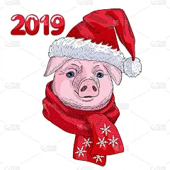 小猪是新2019年的象征，它戴着圣诞老人的帽子，围着温暖的针织羊毛围巾。
