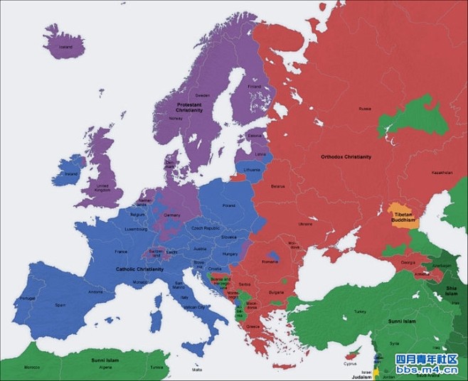 欧洲宗教分布地图。蓝色为天主教，紫色为新...