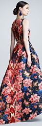 Oscar de la Renta Floral Ikat Jacquard Gown, Navy/Red - Neiman's