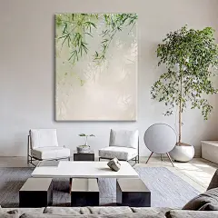 绿色竹叶手绘油画新中式小清新写实植物装饰画客厅挂画玄关肌理画-淘宝网