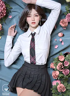 General 1920x2621 Zhang Zhao CGI schoolgirl flowers top view Asian skirt portrait display petals one arm up school uniform parted lips earring necktie collared shirt long sleeves watermarked digital art brunette moles mole under eye leaves women lying on 