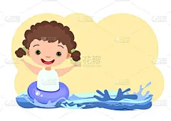 女孩玩得很开心。河、海、海中的波浪。游泳、跳水和水上运动。池。孤立在白色背景上。插图卡通风格。平面设