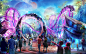 A concept image of a theme park area with bright colours and a rollercoaster