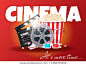 电影时间。 戏院在红色背景的海报概念。 与爆米花，clapperboard，3d眼镜和幻灯片组成。 电影院的电影横幅设计。 传染媒介例证eps 10。