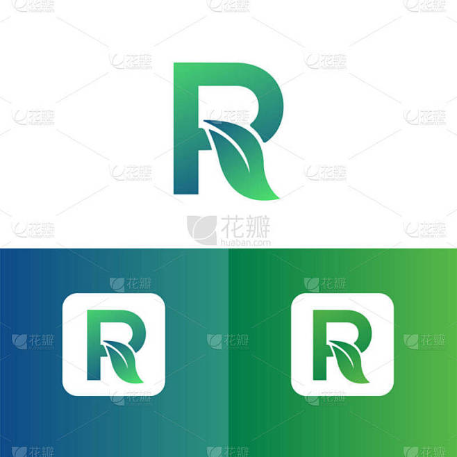 字母R和叶子标识向量，生态标志设计。字母R向量