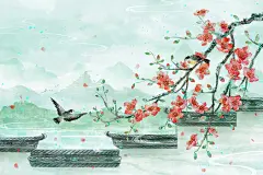 古风山水木棉花小鸟房檐风景植物花鸟夏天古风中国风水墨水彩背景古风中国风唯美山水风景动物工笔画