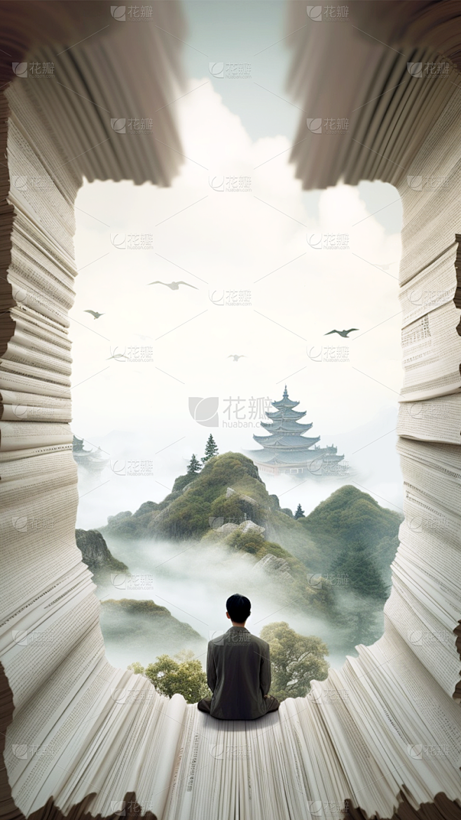 中国风通用3D书山创意背景图片素材