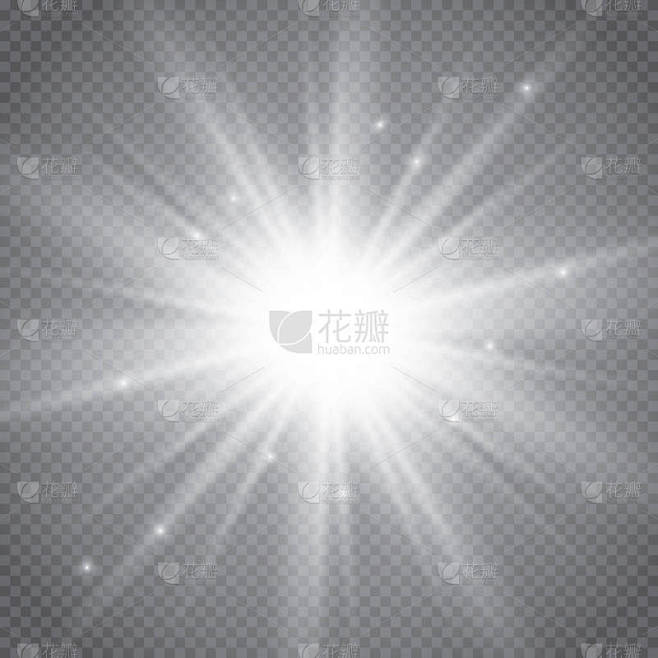 透明背景上孤立的强光照射组。闪光灯闪烁光线和探照灯。发光的光效果。星星闪闪闪发光.