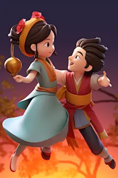 AI数字艺术Q版七夕牛郎织女人物模型