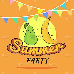 以可爱的梨和香蕉为卡通人物的夏日派对海报设计插图，儿童明信片，健康的生活方式