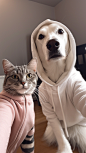 A dog and a cat pose in clothes, selfie together, and are depicted on social media, photo taking, high-definition