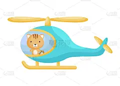 可爱的小猫飞行员在绿松石直升机。卡通人物适用于儿童书籍，相册，婴儿送礼会，贺卡，派对邀请，室内装潢。