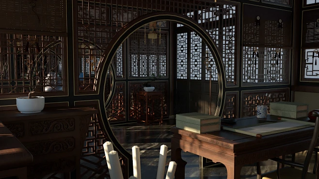 中国古代宫廷建筑模型室内书房部分_世界也在发威作品_场景/空间/建筑_CG模型网-花瓣网