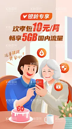 移动欢孝卡海报  - 源文件下载【酷图网】海报,老人,孝顺,电话卡,插画,创意,