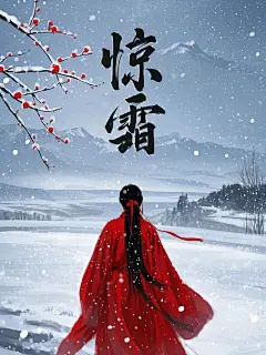 电影海报，东方禅意意境，电影主题文字苍劲有力的书法毛笔字“惊霜”，水墨写意，大雪飞扬，左上有一支红色梅花作为前景，雪地，视野开阔，宽广，有红衣长发古装女子向远处走去，红衣随风摆动，女子只留下远去的背影，拉丝效果，头发上绑着红色丝带，唯美古风，写意留白，远处朦胧，朦胧美，诗意，