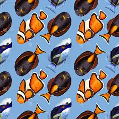 无缝图案与彩色水彩鱼。手绘水彩画元素。海洋生物。