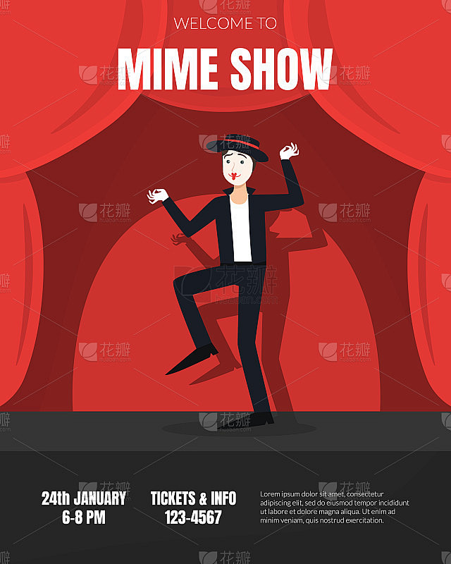 哑剧海报，男演员表演哑剧在舞台上矢量插图