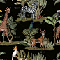 动物,四方连续纹样,热带树,猴子,斑马,干酪藤,壁纸,枝繁叶茂,巨嘴鸟,复古