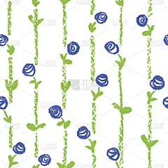 蜡笔一样的儿童绘制无缝模式与蓝色玫瑰花和描边条纹。手绘艺术矢量背景。