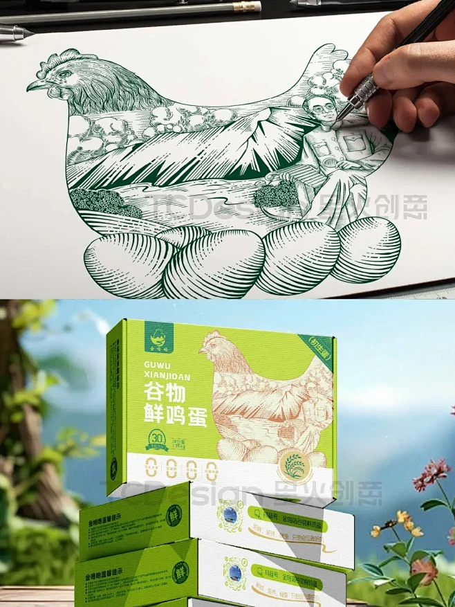 包装设计｜版画风谷物鲜鸡蛋包装设计 - ...