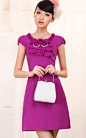 泰芙缇2012夏季新款 紫色立体花朵 木耳边甜美气质名媛修身连衣裙