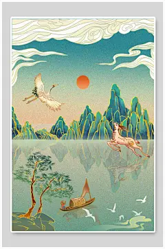 树木仙鹤大气高端小船唯美潮流插画