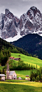 Church of St. Magdalena (the Dolomites in background) ~ Val di Funes, Italy