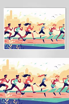AI数字艺术扁平风校园运动会人物插画