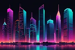 原创手绘霓虹城市风景插画背景图