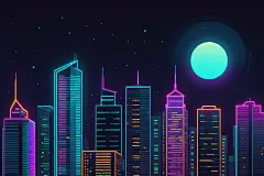 卡通手绘霓虹城市建筑风景插画